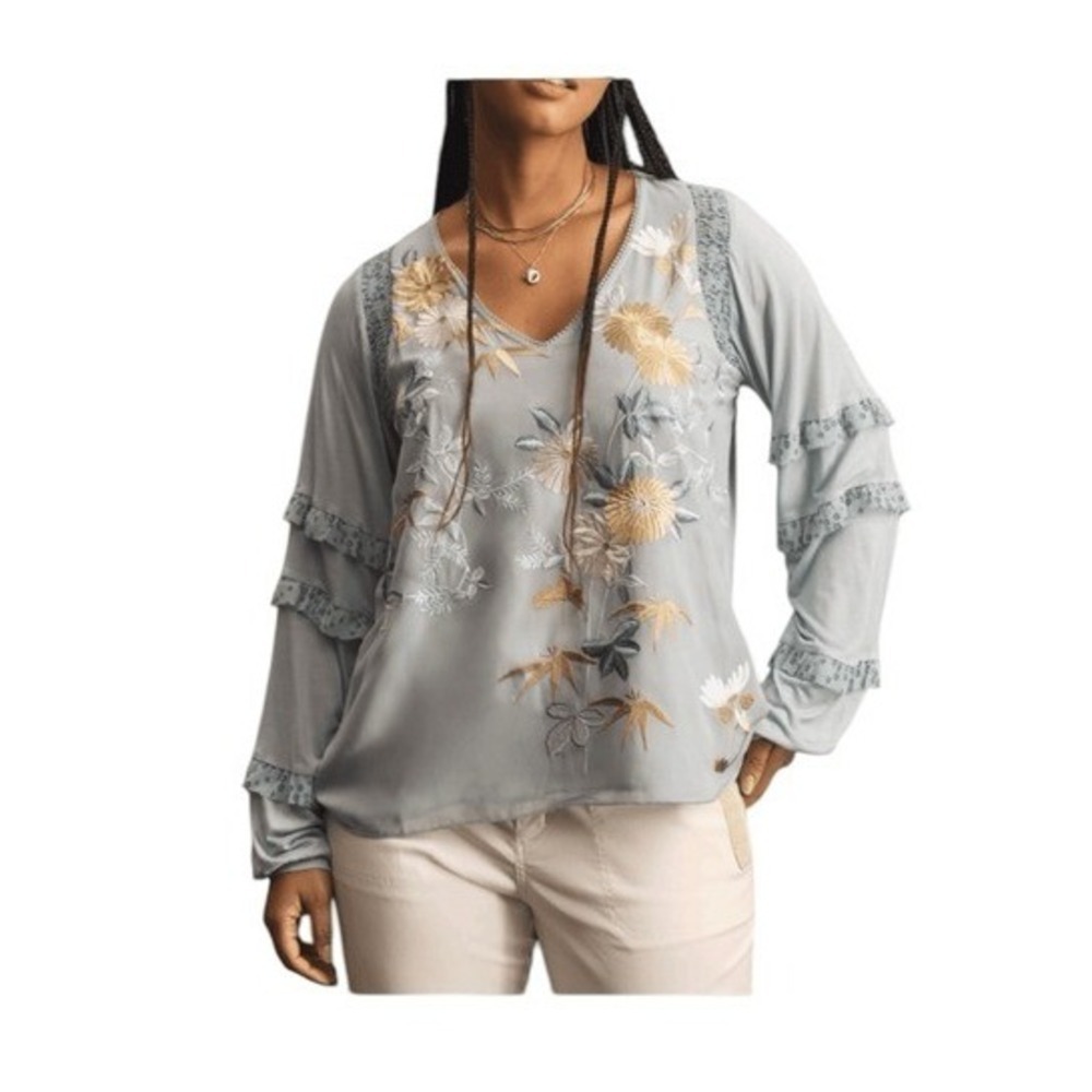 Tiny Anthropologie Frances Blouse Blue Floral Embroidered Long Sleeve Ruffled XX